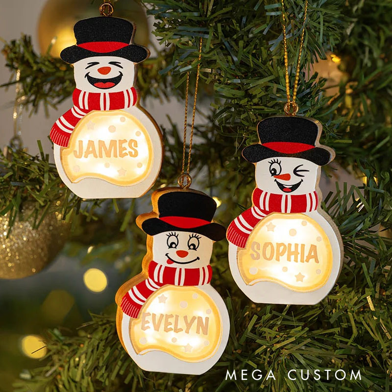 Personalized Cute Snowman LED Light Wooden Christmas Ornament with Name Christmas Tree Stocking Decor Winter Holiday Party Gift for Family Kids