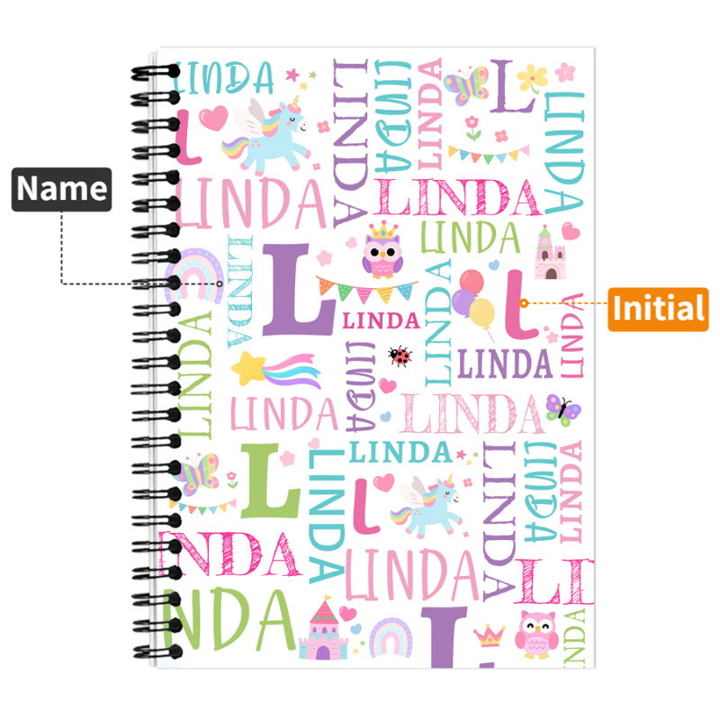 Personalized Fantasy Unicorn Dinosaur Name Cloud Spiral Notebook with Initial Back to School Birthday Gift for Kids