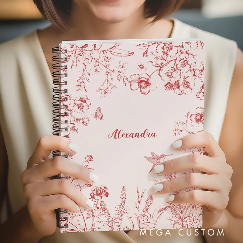 Personalized Toile De Jouy Floral Butterfly Hummingbird Spiral Notebook with Birthday Christmas Gift for Women Girls