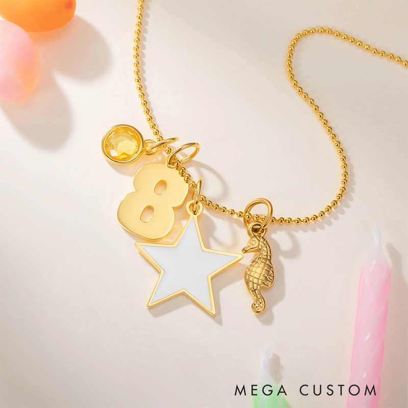 Personalized Star Heart Seahorse Ballerina Pendant Bead Chain Necklace with Birthstone Number and Engraved Name Birthday Gift for Kids Girls