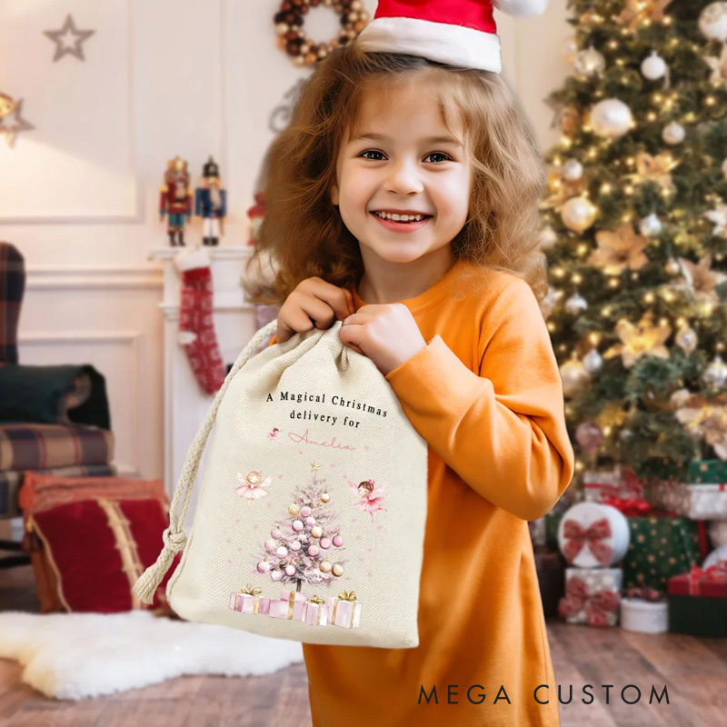 Personalized A Magical Christmas Delivery Pink Fairy Drawstring Bag with Name Christmas Gift for Girls