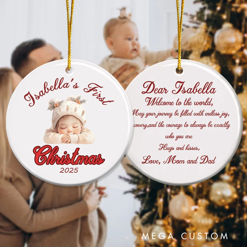 Personalized Baby Pattern Newborn First Christmas Ceramic Ornament with Name Text and Year Home Tree Decor Christmas Gift for Family Baby New Parents