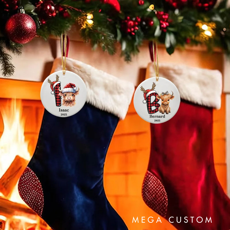 Personalized Highland Cow Christmas Initial Ceramic Ornament with Name and Year Home Decor Christmas Gift for Highland Cow Lover Family Friend