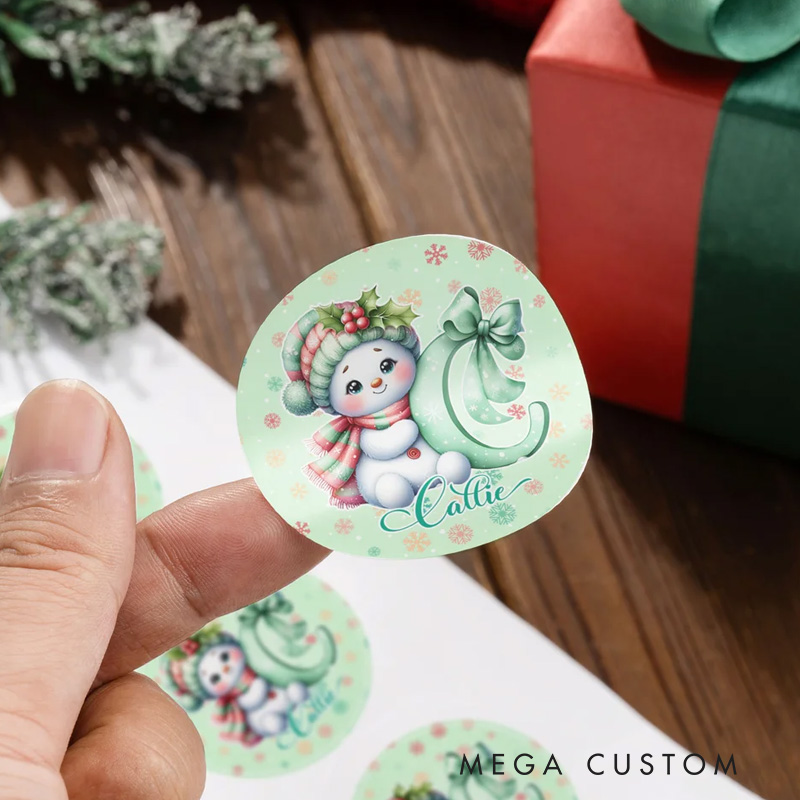 Personalized Cute Cartoon Bow Snowman Stickers Labels with Name and Initial Gift Decor Christmas Party Favors for Family Friend Kid
