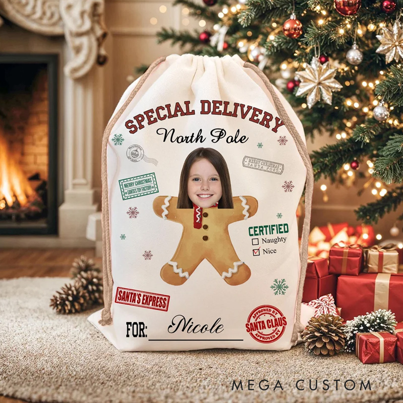 Personalized Special Delivery North Pole Santa Claus Canvas Drawstring Gift Bag with Name and Photo Christmas Gift for Friends Family
