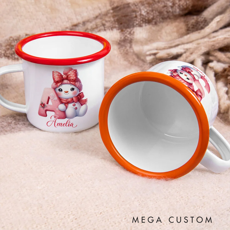 Personalized Cute Bow Snowman 12 oz Enamel Cup with Name and Initial Birthday Christmas Gift for Kids Family Friends