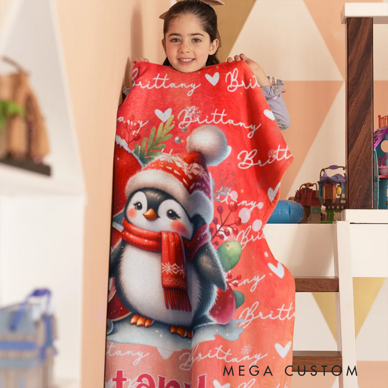 Personalized Santa Hat Snowman Penguin Initial Word Cloud Soft Throw Blanket with Name Home Decor Christmas Gift for Kids Family