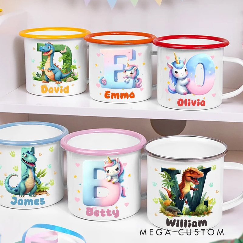 Personalized Fantasy Unicorn Dinosaur 12 oz Multicolor Rim Enamel Mug with Name and Initial Birthday Back to School Gift for Kids