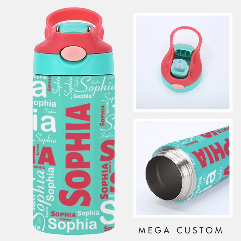 Personalized Colorful 12oz Name Water Bottle with Silicone Straw and Spill Proof Lid Children's Day Back to School Gift for Kids