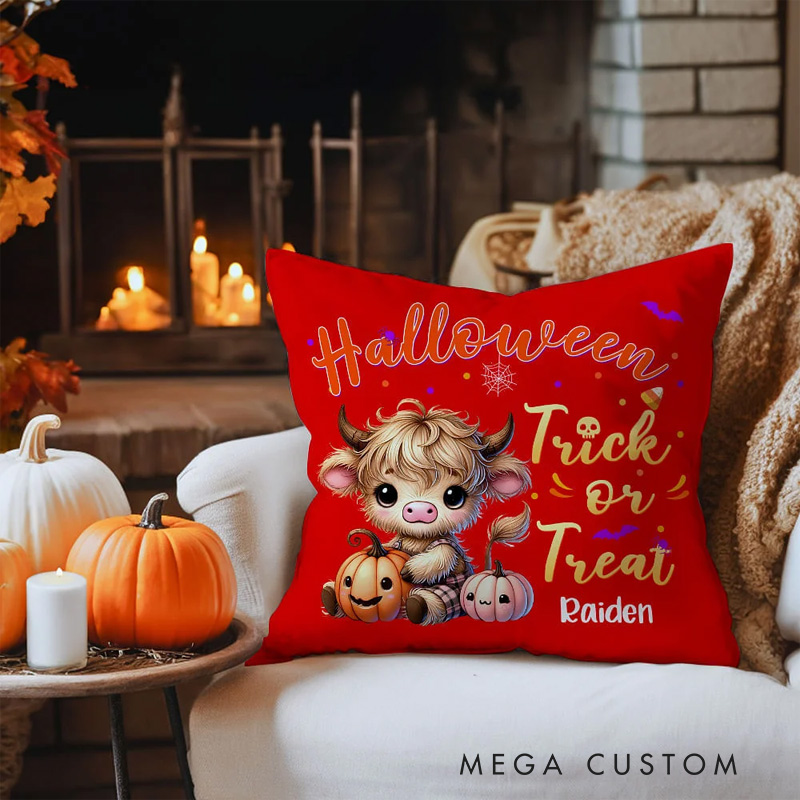 Personalized Pumpkins Highland Cow Soft Throw Pillow Cover with Name Home Decor Halloween Housewarming Gift for Family Friend