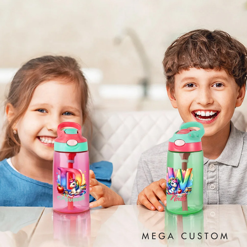 Personalized Watercolor Fantasy Unicorn Initial Apple 16 oz Water Bottle with Name Outdoor Supplies Back to School Birthday Gift for Kids