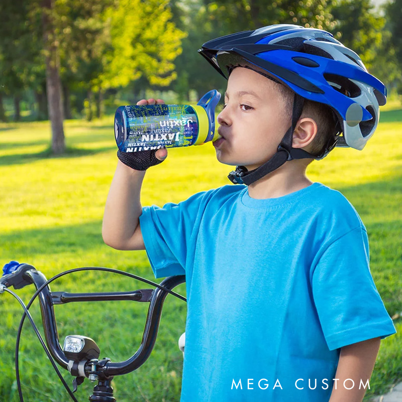 Personalized Name Word Cloud 16 oz Kid Water Bottle with Silicone Straw and Handle Back to School Birthday Holiday Gift for Boys Girls