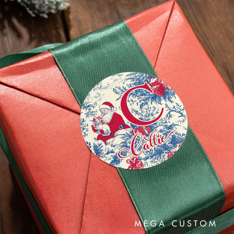 Personalized Toile De Jouy Style Santa Claus Waterproof Stickers with Name and Initial Christmas Festival Party Gift for Family Friends