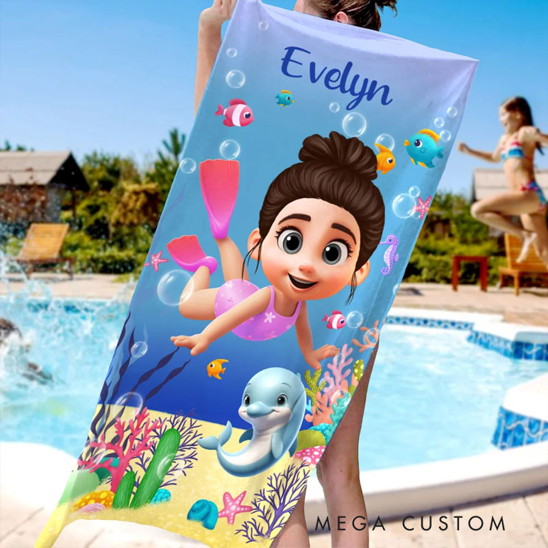 Personalized Cute 3D Diving Kid Sea Animal Quick Dry Soft Oversized Beach Towel with Name Summer Vacation Beach Party Birthday Gift for Boys Girls