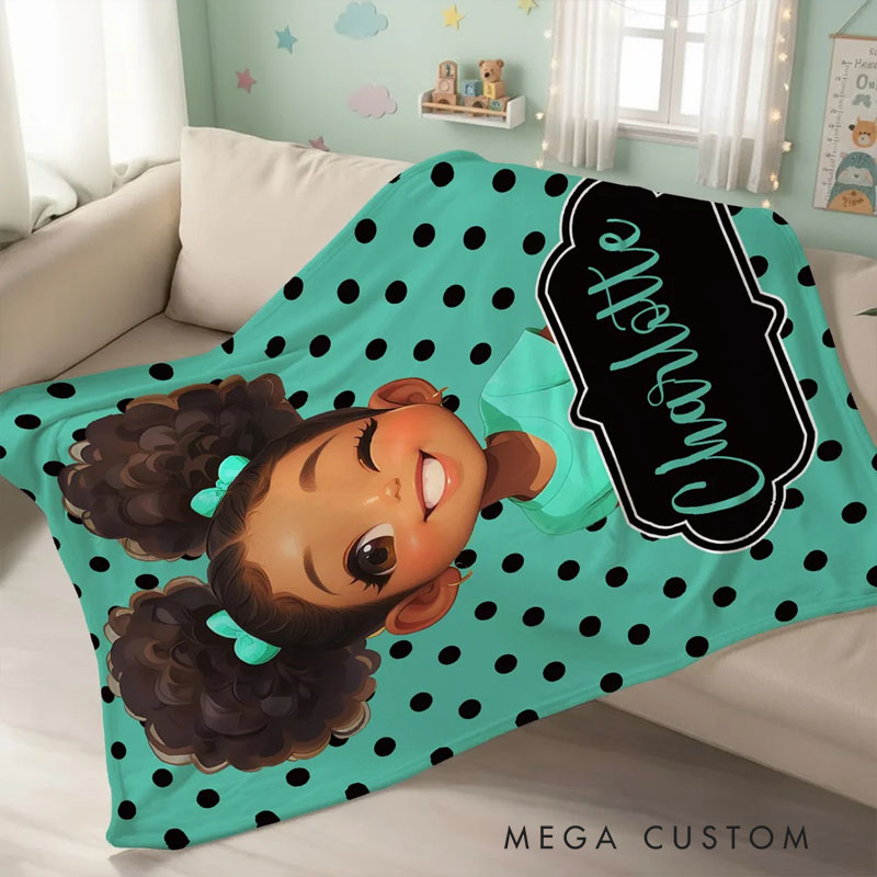 Personalized Polka Dots Cute Cartoon Little Girl Soft Throw Blanket with Name Home Decor Birthday Christmas Gift for African American Girl