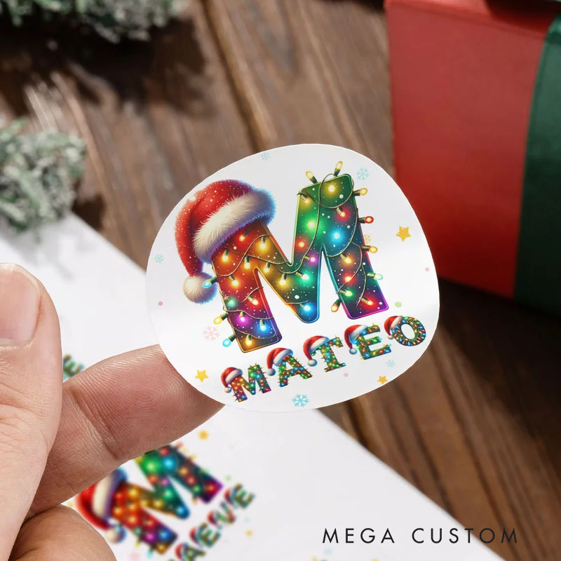 Personalized Santa Hat Color Lights Waterproof Sticker with Initial Name Gift Decoration Christmas Party Gift for Family Kids