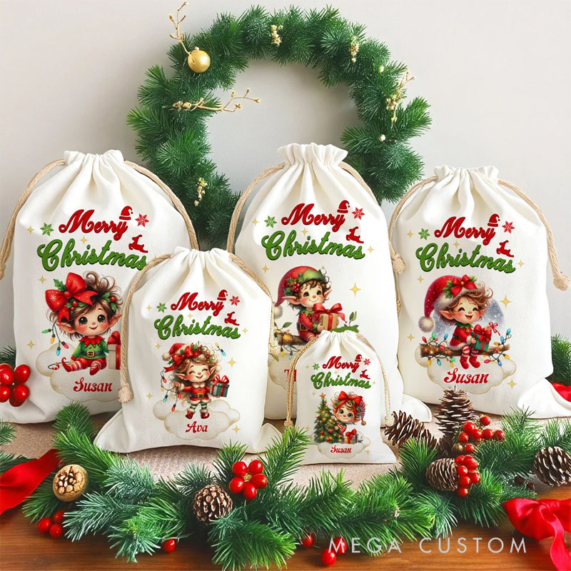 Personalized Merry Christmas Cute Cartoon Elf Canvas Drawstring Gift Bag with Name Christmas Party Favors for Kids Family