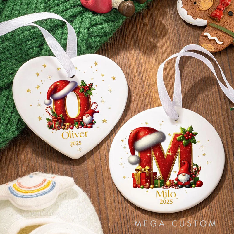 Personalized Candy Cane Santa Holly Initial Ceramic Christmas Ornament with Name and Year Holiday Tree Decor Gift for Kids Family
