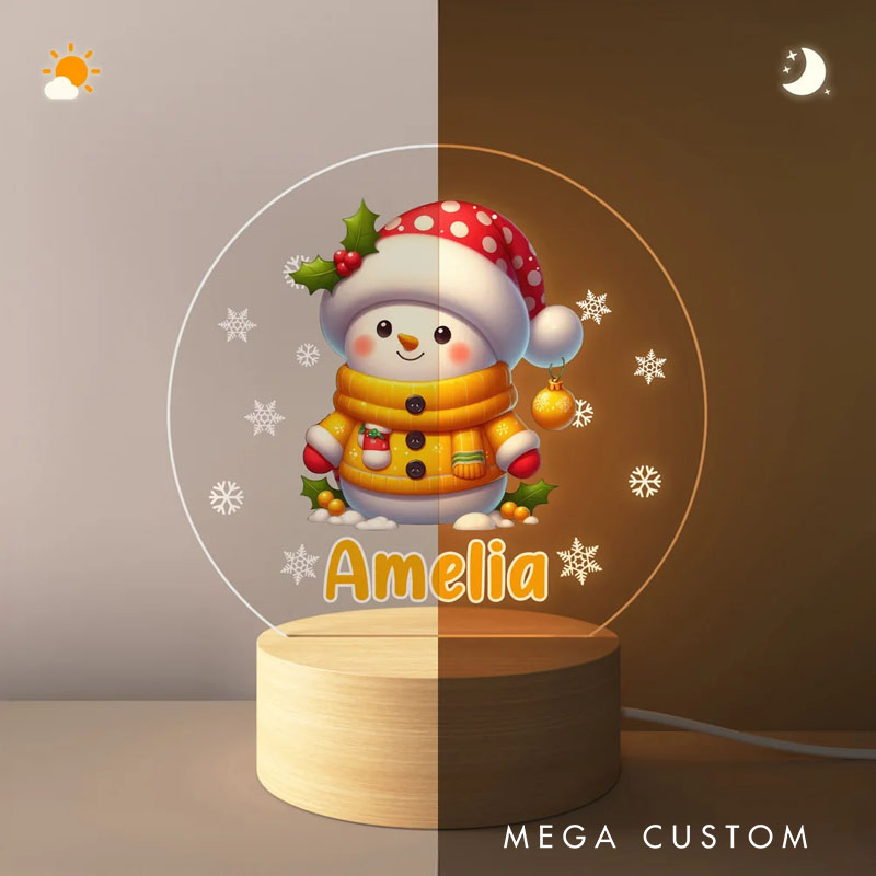 Personalized Snowflake Cute Snowman Christmas LED Night Light with Name and Wooden Base Christmas Gift for Kids
