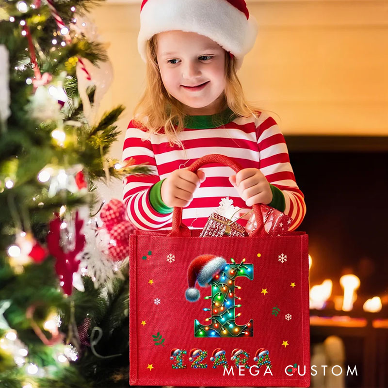 Personalized Santa Hat Color Lights Reusable Red Jute Tote Gift Bag with Initial and Name Christmas Party Gift for Family Kids