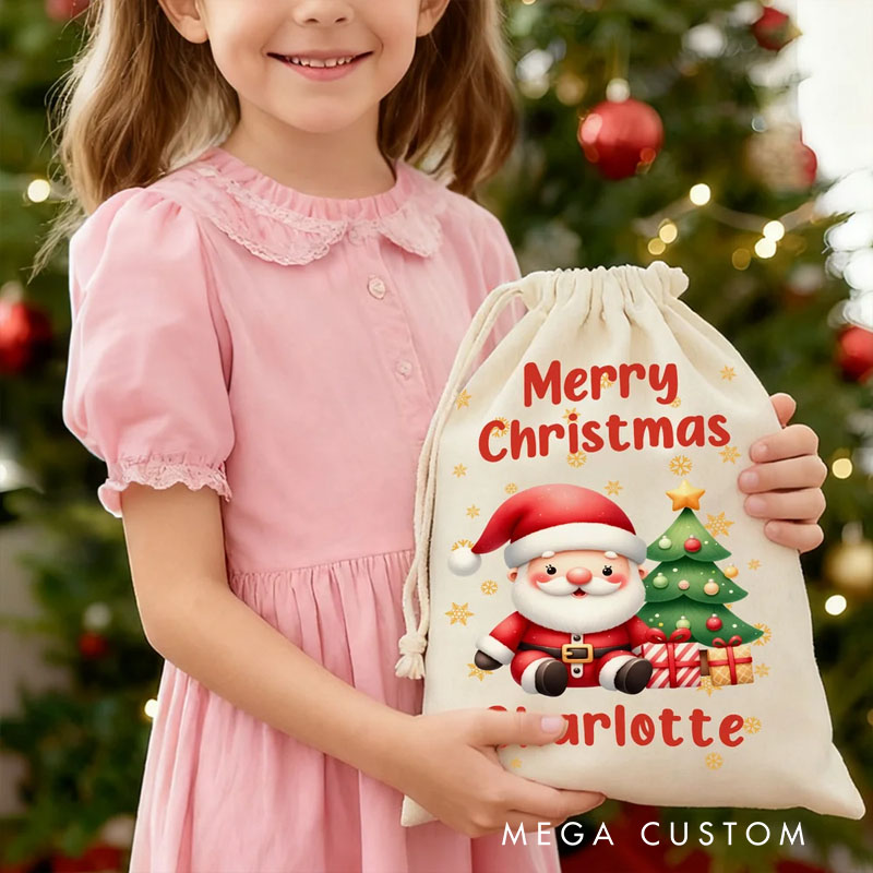 Personalized Cute Cartoon Santa Claus Snowflake Drawstring Christmas Gift Bag with Name Merry Christmas Gift for Kids Family
