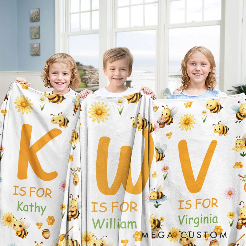 Personalized Cute Bee Flower Soft Throw Blanket with Name and Initial Nursery Decor Baby Shower Birthday Gift for Newborn Baby