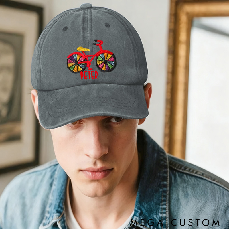 Personalized Rainbow Bicycle Embroidered Hat Colorful Bike Dad Cap Adjustable Black Baseball Cap