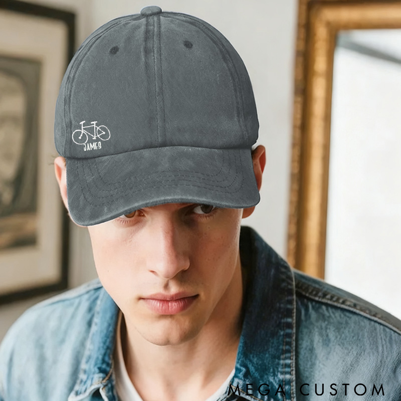 Personalized Embroidered Bicycle Hat Distressed Baseball Cap Small Road Bike In Corner