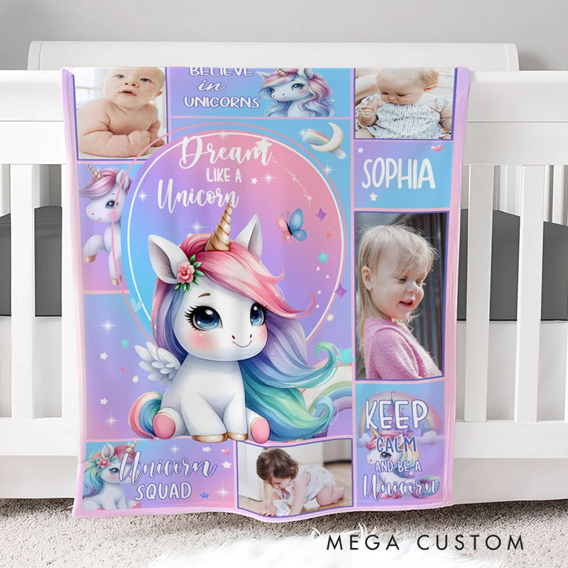 Personalized Fantasy Unicorn Photo Collage Soft Throw Blanket with Name Sofa Decor Baby Shower Birthday Gift for Baby Girls
