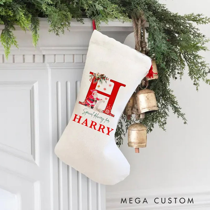 Personalized Initial and Name Christmas Stocking with Festive Floral Accents for Holiday Warmth