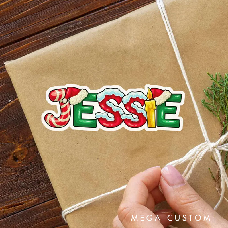 Personalized Festive Name Art Christmas Stickers with Holiday Icons for Unique and Cheerful Seasonal Decor