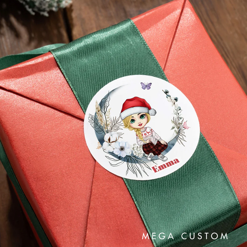 Personalized Moon Floral Santa Hat Cartoon Character Waterproof Stickers Labels with Name Gift Decor Christmas Party Favors for Family Kid