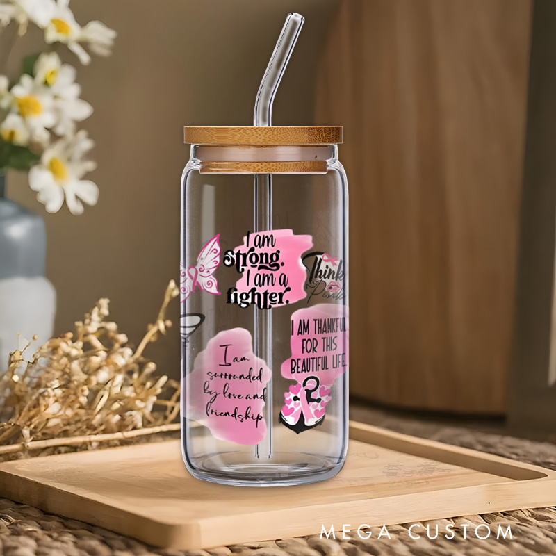 Personalized Breast Cancer Awareness Pink Ribbon Design Glass for Fighters and Survivors Inspirational Glasse Cup