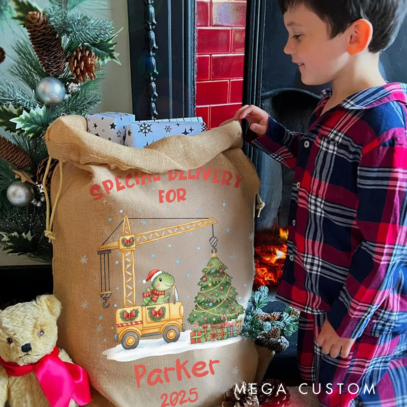 Personalized Cute Dinosaur Construction Vehicle Drawstring Gift Bag Santa Sack with Name and Year Christmas Gift for Kids