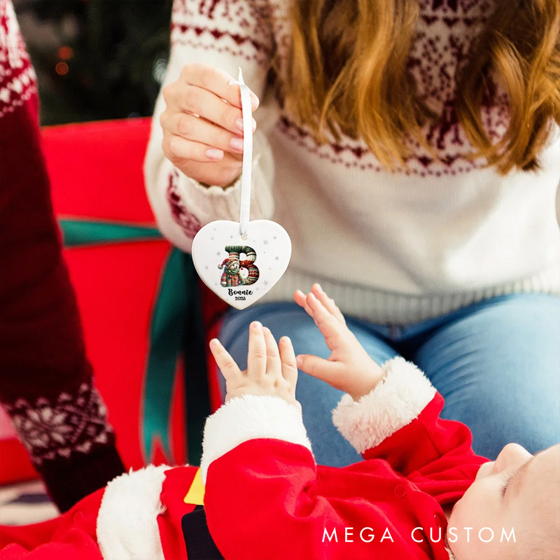 Personalized Cute Animals Knitted Design Ceramic Christmas Ornament with Initial and Name Christmas Tree Decoration Gift for Family Friends