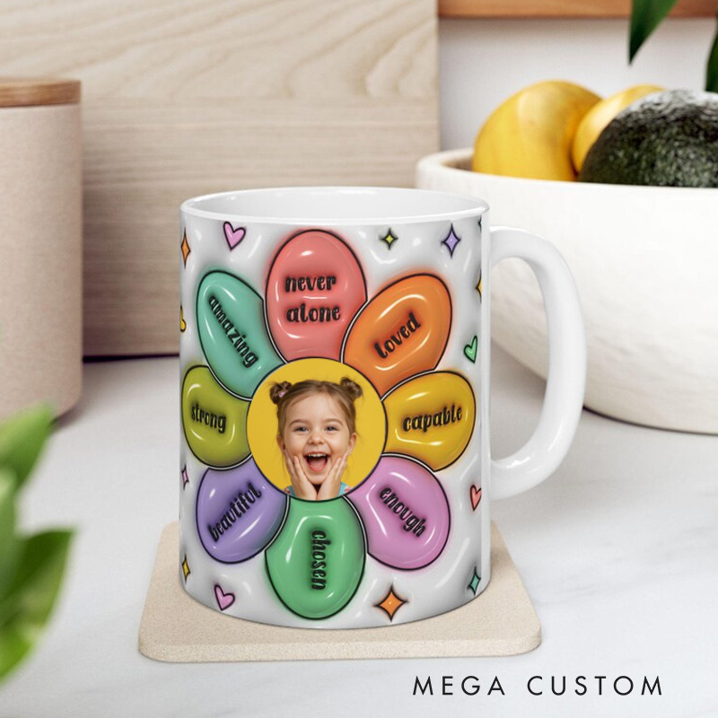 Personalized Inspirational Flower Mug with Uplifting Words and Custom Photo Center 3D Inflated Effect Printed Mug