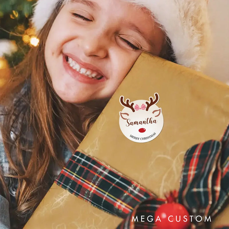 Personalized Cute Christmas Reindeer Waterproof Stickers Labels with Name and Text Gift Decor Christmas Festival Party Favors for Family Friends