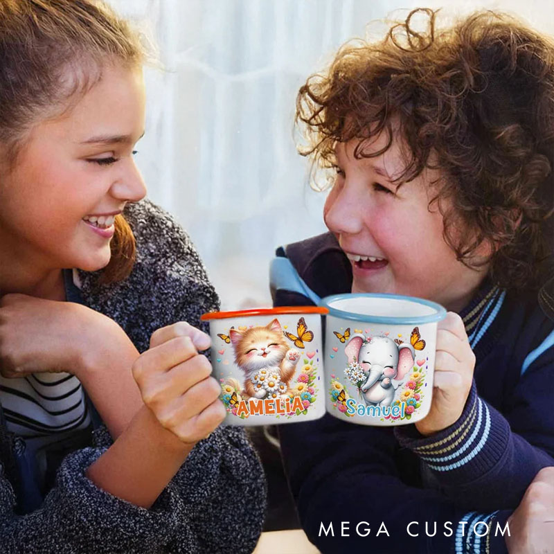 Personalized Wildflower Cute Animal Portable 12 oz Enamel Cup with Name Back to School Birthday Gift for Boys Girls