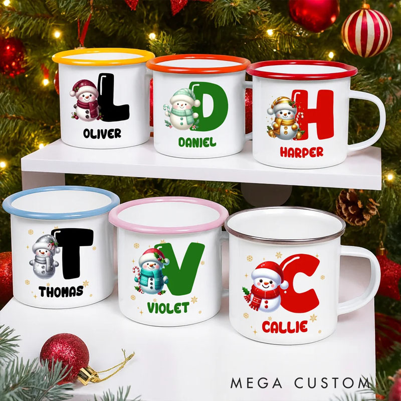 Personalized Cute Cartoon Snowman Initial 12 oz Enamel Mug with Name Christmas Gift for Boys Girls
