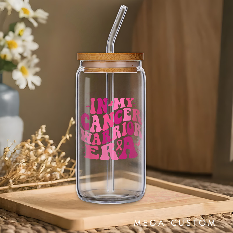 Personalized In My Cancer Warrior Era Pink Ribbon Engraved Glass for Strong Fighters and Survivors Glasse Cup