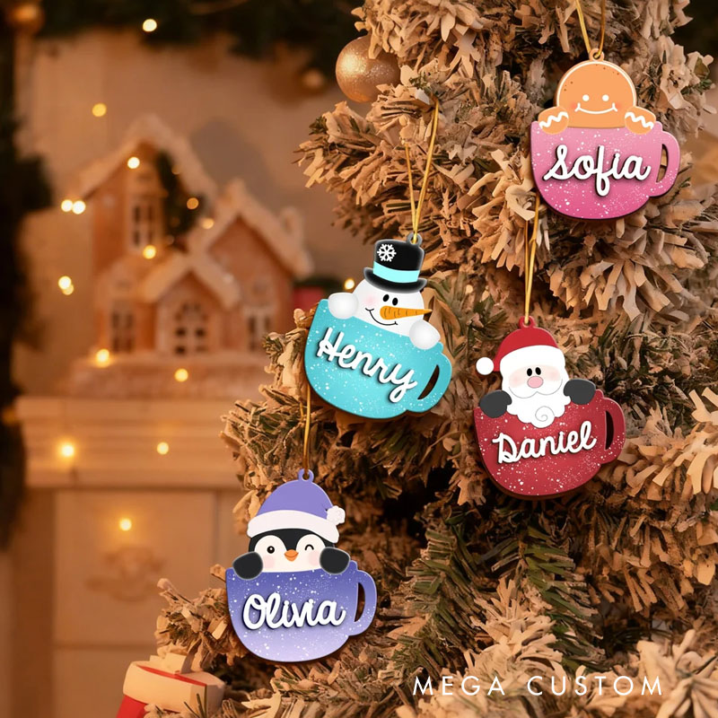 Personalized Festive Mug Christmas Ornament with Cute Characters and Custom Names for Joyful Holiday Decor Christmas Ornament