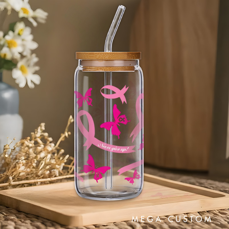 Personalized Pink Ribbon and Butterfly Pattern Engraved Glass for Breast Cancer Awareness Support Glasse Cup