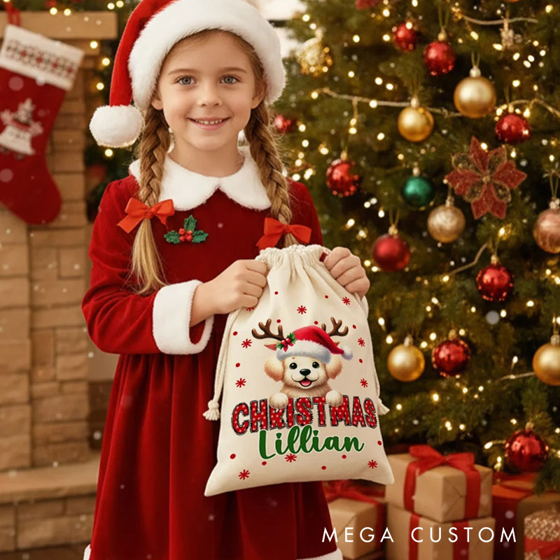Personalized Santa Hat Deer Fantasy Unicorn Cute Animal Canvas Drawstring Gift Bag with Name Christmas Gift for Family Friends