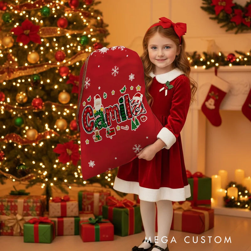 Personalized Santa Claus Elk Christmas Element Alphabet Canvas Drawstring Gift Bag with Name Christmas Gift for Kids