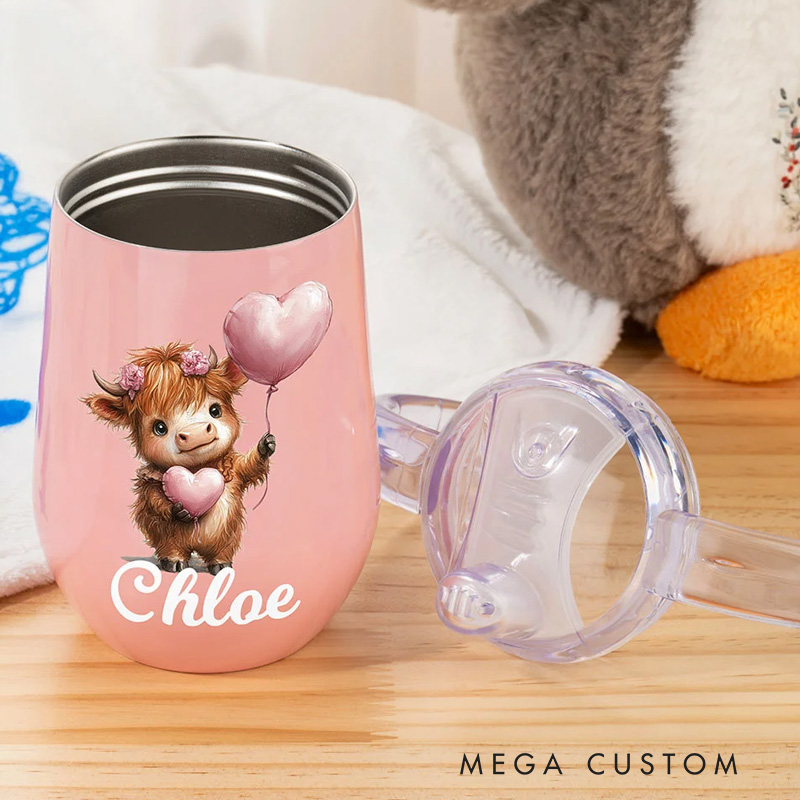 Personalized Cute Highland Cow 10 oz Insulated Name Sippy Cup with Lid and Handle Birthday Baby Shower Gift for Toddler Kids
