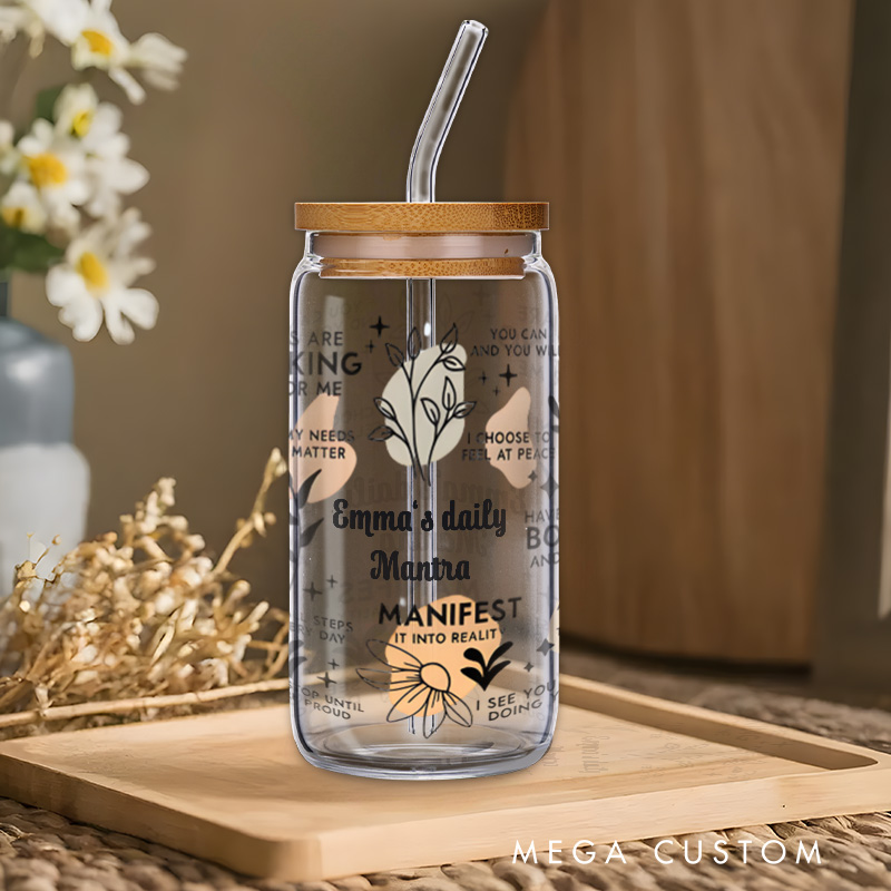 Personalized Manifest Daily Mantra Floral Engraved Glass for Positive Vibes and Mindfulness Glasse Cup