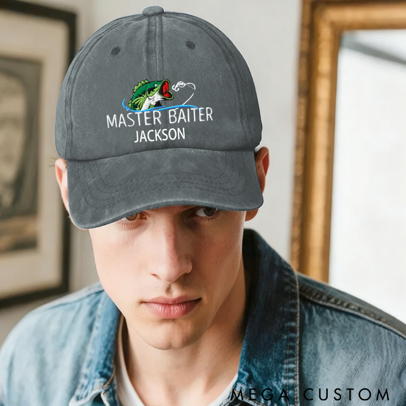 Personalized Master Baiter Fishing Hat Embroidered Bass Fishing Hat Master Baiter Fisherman Dad Hat Custom Name Funny and Personalized Cap for Fishing Enthusiasts
