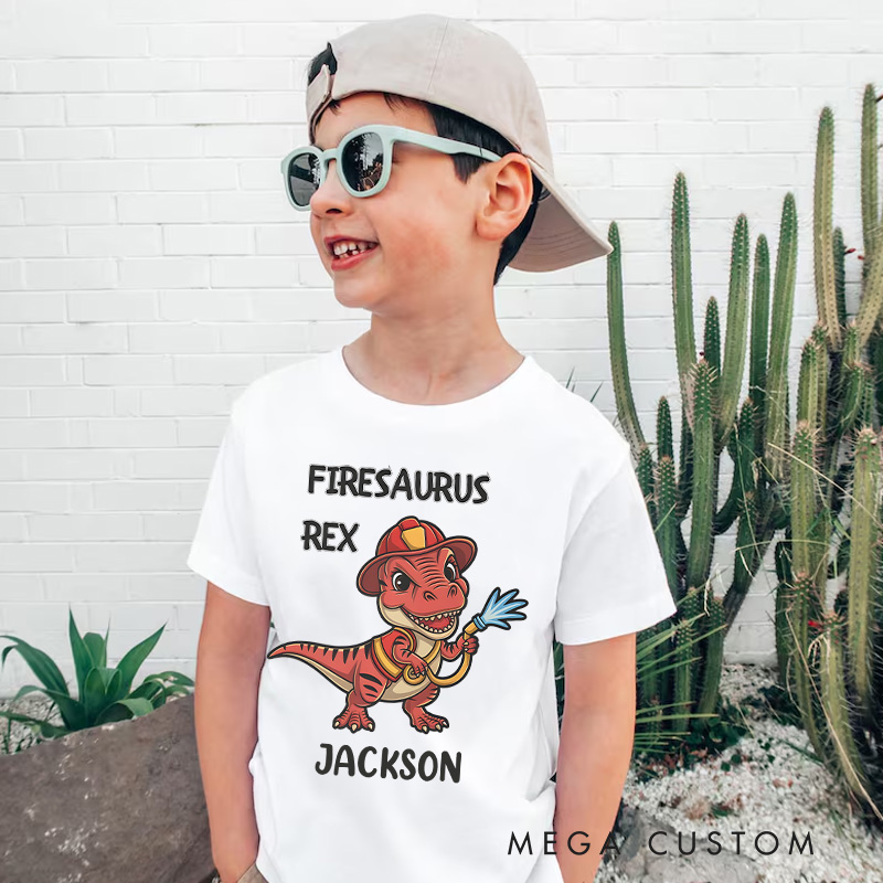 Personalized Dinosaur Firefighter Kids T-Shirt with Adorable Firesaurus Rex Graphic and Custom Name for Fun Adventures Kids T-Shirt