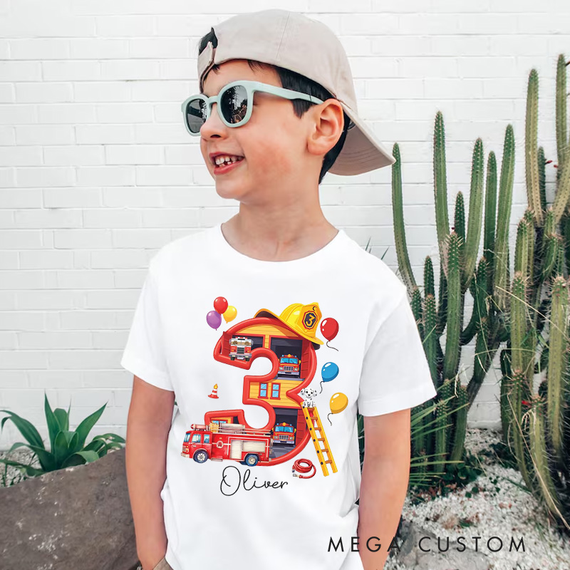 Personalized Fire Truck Birthday Kids T-Shirt with Custom Name and Colorful Birth Number Three Graphic for Celebrating Little Heroes Kids T-Shirt