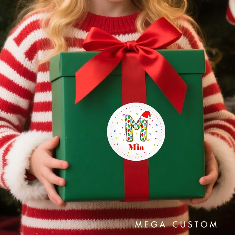 Personalized Santa Hat Initial Colorful Fireworks Waterproof Stickers with Name Festival Party Christmas Gift for Kids